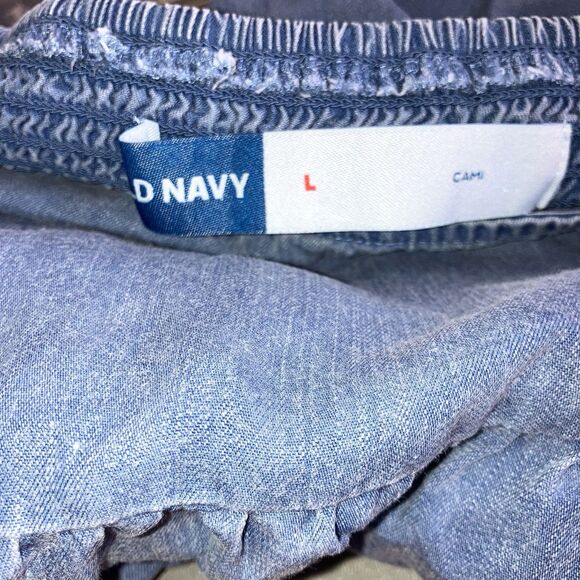 OLD NAVY L 100% Tencel Blue Demin Soft Chambray Dress Puff Sleeve Shirred Back - Picture 5 of 6